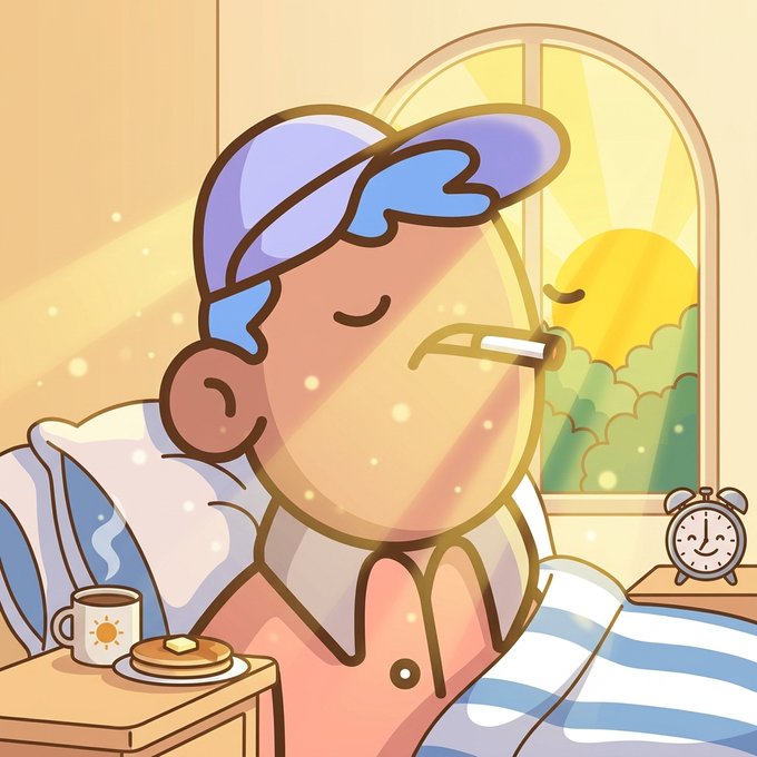 A cartoon illustration shows a man in a blue sleeping cap smoking a cigarette in bed, with a cup of coffee and breakfast on the bedside table and a sunrise visible through the window.