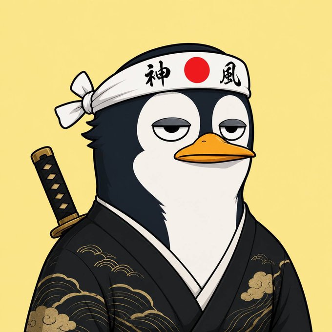 An illustration of a penguin dressed in traditional Japanese attire, featuring a headband with the Japanese flag and kanji characters, wearing a kimono with wave patterns, and carrying a katana on its back.