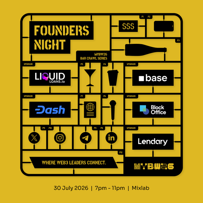 A promotional graphic for 'MYBW26 BAR CRAWL SERIES FOUNDERS NIGHT' on 30 July 2026 at Mixlab, listing sponsors like Liquid Loans, base, Dash, Block Office, and Lendary.