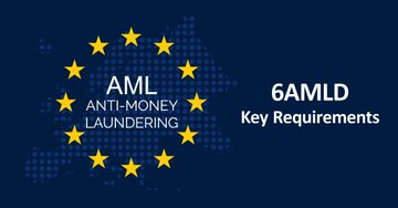 The image features a blue banner with yellow stars, which appears to be an advertisement for anti-money laundering (AML) compliance. The text "6AMLD Key Requirements" is written below the star pattern, indicating that this is a key requirement or regulation related to AML compliance.