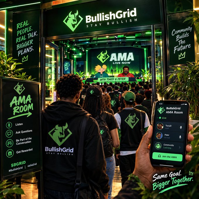 A promotional image for "BullishGrid - Stay Bullish" featuring an AMA room with people watching a live session hosted by "Tonyd & Peter," with "$BGRID" ticker and "#BullishGrid" hashtags.