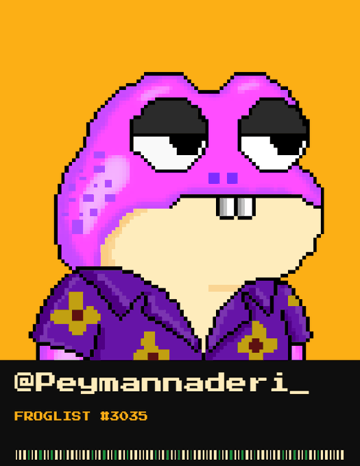 A pixel art image features a pink frog-like character with large droopy eyes on an orange background, labeled '@Peymannaderi_' and 'FROGLIST #3035'.