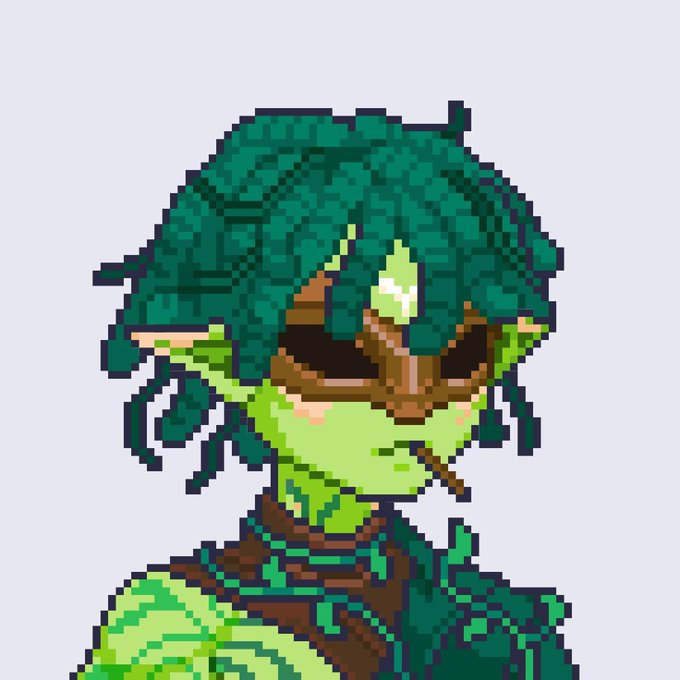 A pixel art portrait of a green-skinned character with dark teal hair, pointed ears, and dark sunglasses against a gray background.