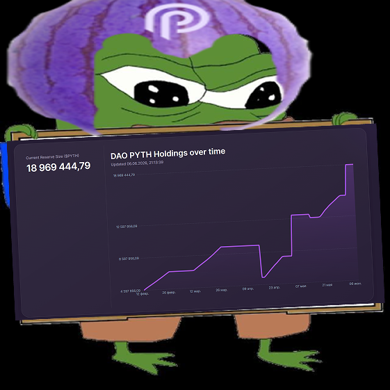 The image features a green frog holding up a sign with information about token buybacks, specifically focusing on the PythNetwork token. The text on the sign indicates that the treasury increased from 12 million tokens at the beginning of May to almost 19 million tokens by the end of June. This increase in token value is significant and demonstrates the success of the token buyback campaign during this period.