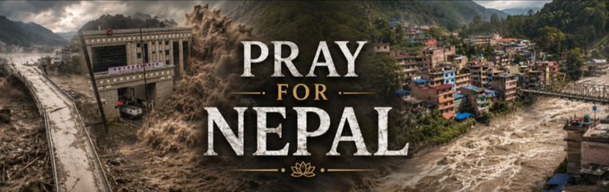A disaster relief banner reading 'PRAY FOR NEPAL' showing scenes of flooding and devastation, including a collapsed dam and washed-out bridge.
