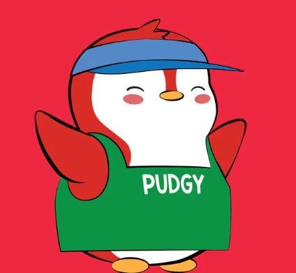 A cheerful cartoon penguin with a red head and blue visor wears a green shirt reading "PUDGY," matching the post's celebration of the Pudgy Penguins and Lil Pudgys NFT brand.