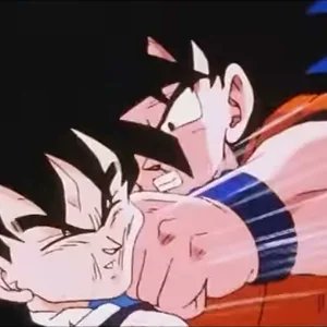 An animated scene showing Goku with another character grabbing him, in classic Dragon Ball art style.