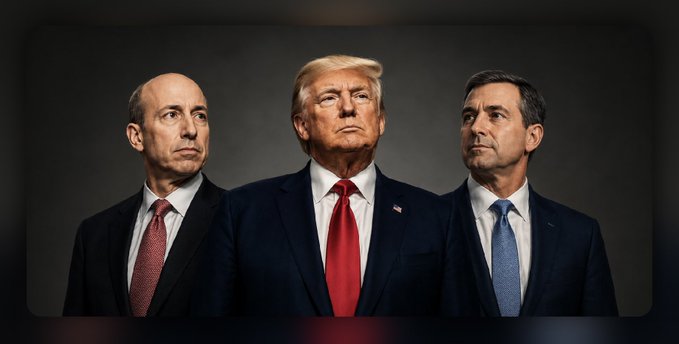Three men in suits pose against a dark gray background; the central figure has blonde hair with a red tie, flanked by a bald man in a red tie and a dark-haired man in a blue tie.