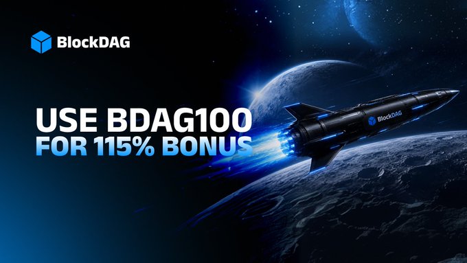 A BlockDAG promotional graphic features a sleek rocket soaring past a planet in outer space, alongside bold text reading "USE BDAG100 FOR 115% BONUS" and the BlockDAG logo. The space-themed imagery complements the post's message about users receiving free new BDAG coins added to their dashboard.