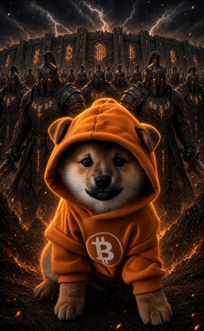 A digital artwork of a Shiba Inu dog wearing an orange hoodie with a Bitcoin logo, sitting in the foreground with dark armored warriors and Bitcoin insignias in a stormy, fiery background.