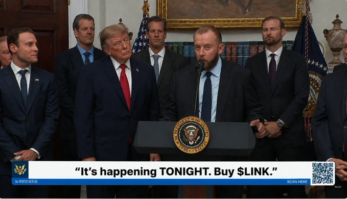 The image shows Donald Trump and several men in suits, with a podium bearing the Presidential Seal, alongside a graphic that reads "It's happening TONIGHT. Buy $LINK." This visual directly supports the post's message, implying a significant event related to the ticker $LINK is about to occur.