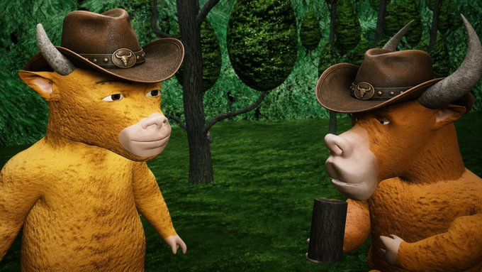 The image shows two 3D-rendered bull characters in a forest setting, both wearing cowboy hats with bull head ornaments. The scene visually represents the "bull market" concept from the post — showing a progression where a bull first appears, then dons its signature hat, symbolizing the emergence of bullish market momentum. The repeated bull imagery and Western attire reinforce the "unleash the bullmarket" message of cowboy-themed financial optimism.