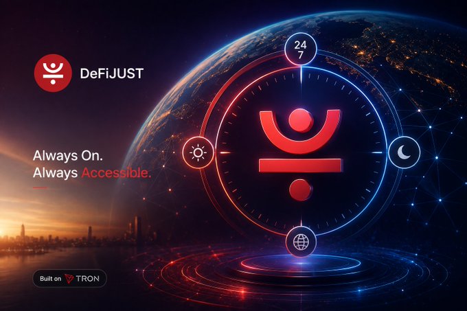 A promotional banner for 'DeFiJUST' with the tagline 'Always On. Always Accessible.' featuring a futuristic Earth backdrop, a 24/7 circular dial with sun/moon icons, and a 'Built on TRON' badge.