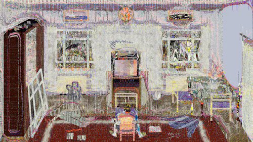 A distorted, glitchy 3D scan or point cloud rendering of an indoor living room scene, showing furniture and architectural details with colorful visual artifacts.
