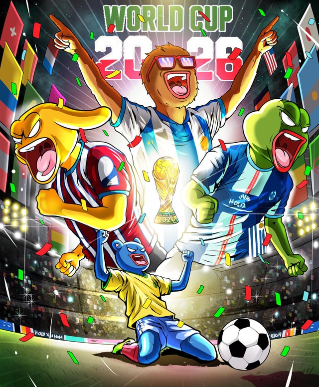 The image features a cartoon illustration of four cartoon characters, each wearing different colored jerseys, celebrating together with their arms raised high. The characters are surrounded by confetti, indicating that they have won an award or achieved something significant. In the background, there is a soccer field and a crowd of people watching the celebration. The post related to this image reads: "Saturdays are for the Boys ethereum:0x67466be17df832165f8c80a5a120ccc652bd7e69 🐺".