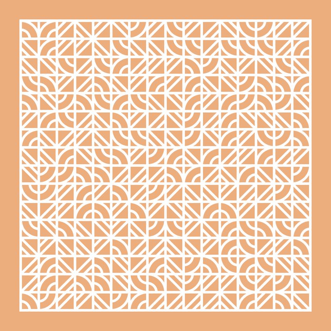 A geometric seamless pattern in peach/orange tones features repeating stylized letter 'R' shapes formed from interlocking arcs, triangles, and squares.