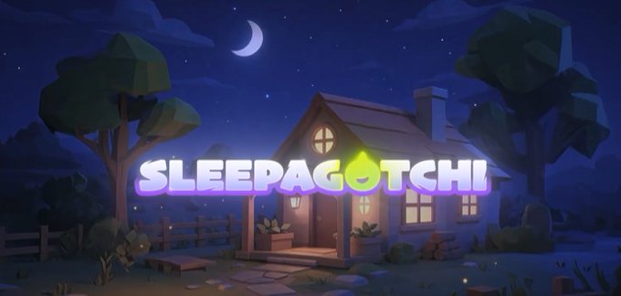 A low-poly 3D scene showing a cozy cottage at night with the text "SLEEPAGOTCHI" in purple and yellow stylized letters overlaid on the image.