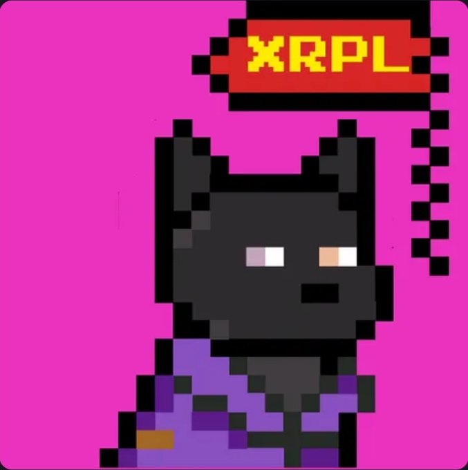 Pixel art of a black character with a red 'XRPL' hat on a bright pink background.