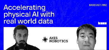 A BASECAST//802 episode titled "Accelerating physical AI with real world data" featuring two speakers alongside the Axis Robotics logo, visually introducing the discussion about how Axis Robotics is addressing physical AI's shortage of diverse, real-world data by democratizing robot intelligence collection globally.