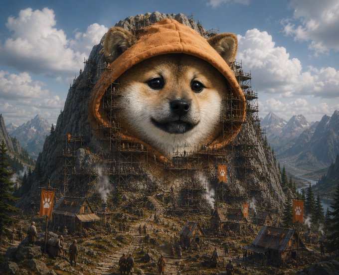 A digital artwork depicting a giant Shiba Inu dog wearing an orange hood carved into a mountain, with scaffolding and small figures building around it and paw-print banners displayed below.