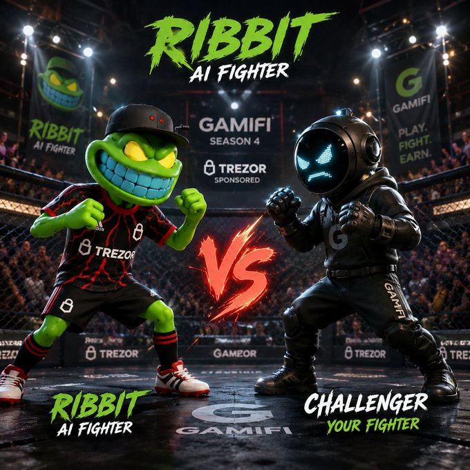 The image features two cartoon characters, one wearing a green shirt with a red "R" and the other wearing a black shirt with a red "B", standing in an arena surrounded by various banners and logos for different companies such as Trezor and GamaFii. The text on the image reads "RIBBIT HAS ENTERED THE ARENA RBM'S very own Season 4 Trezor-sponsored Ribbit is now an AI Fighter on @gamifidotfun #ChallengeRibbitClimbtheleaderboard & claim your rank". This post seems to be promoting a game or challenge that involves using the characters from the image as participants.