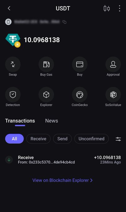 A cryptocurrency wallet screen displays a USDT balance of 10.0968138, with a recent "Receive" transaction of +10.0968138 from address 0x233c5370...4de94cb4cd just 23 minutes ago, supporting the post's claim of receiving rewards from the Rivr DEX campaign.