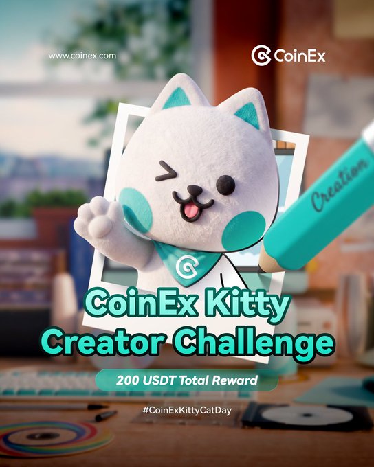 This CoinEx promotional image features an animated white cat mascot winking with its tongue out, surrounded by design elements including a large marker, a camera, and color swatches that reflect the "Creator Challenge" theme mentioned in the post. The poster advertises the "CoinEx Kitty Creator Challenge" with a "200 USDT Total Reward" prize and the hashtag #CoinExKittyCatDay, promoting a contest tied to International Cat Day where participants can use the official creator kit to design their own CoinEx Kitty content.
