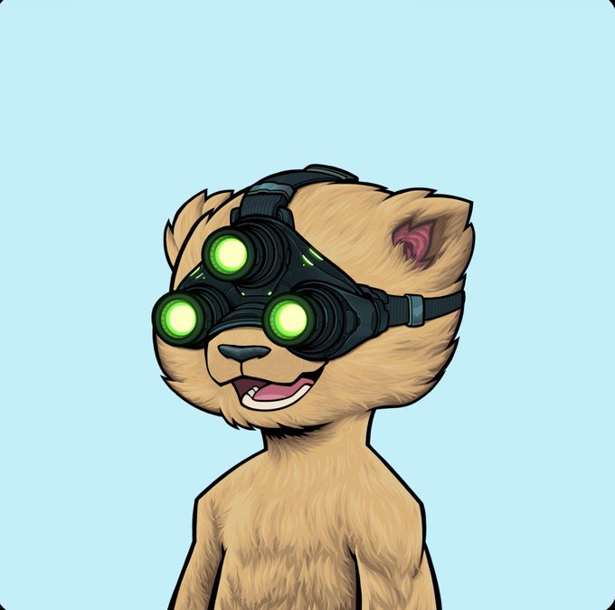 A cartoon illustration of a tan, furry cat-like character wearing black night-vision goggles with glowing green lenses against a light blue background.