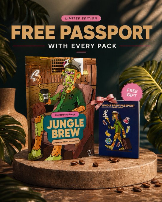 An advertisement for Jungle Brew coffee features 'LIMITED EDITION FREE PASSPORT WITH EVERY PACK,' showcasing a cartoon safari character alongside a 'JUNGLE BREW PASSPORT' free gift.