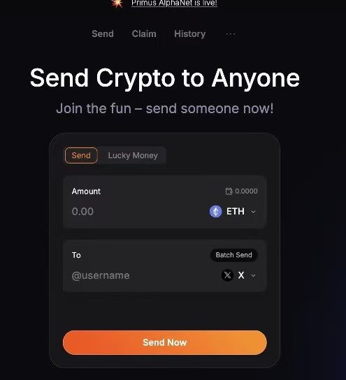 A screenshot of a crypto app titled "Send Crypto to Anyone" with options for "Send" or "Lucky Money", showing fields for Amount in ETH and a recipient @username, with an orange "Send Now" button.