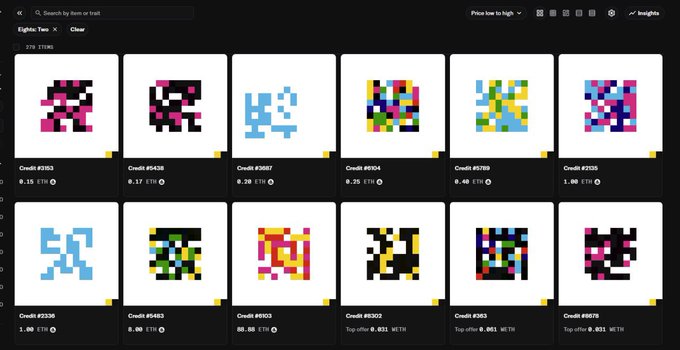 A digital marketplace interface titled "Lights Two" displays a grid of colorful pixel-art NFT collectibles with credit values and ETH prices listed beneath each item.