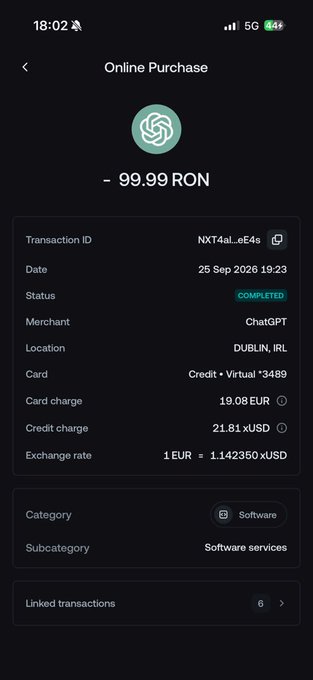 A screenshot of a completed ChatGPT subscription transaction showing a charge of 99.99 RON (~$21.81) processed via a Nexo virtual credit card in Dublin on September 25, 2026. The image illustrates the user's point about successfully using their Nexo crypto card for recurring subscription payments.