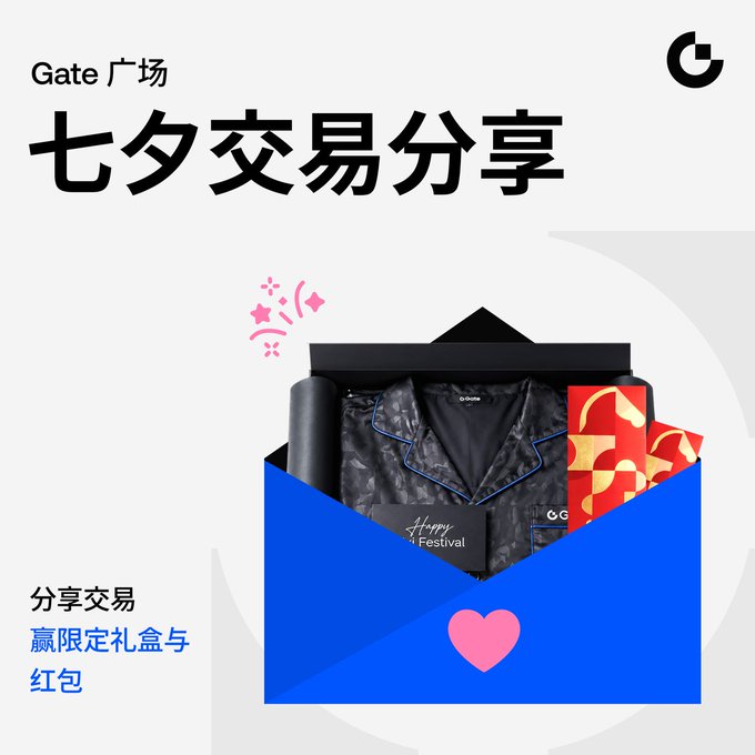 A promotional image for "Gate 广场" (Gate Plaza) advertising a "七夕交易分享" (Qixi Trading Sharing) event, featuring a gift box containing a patterned pajama set and gift envelope.