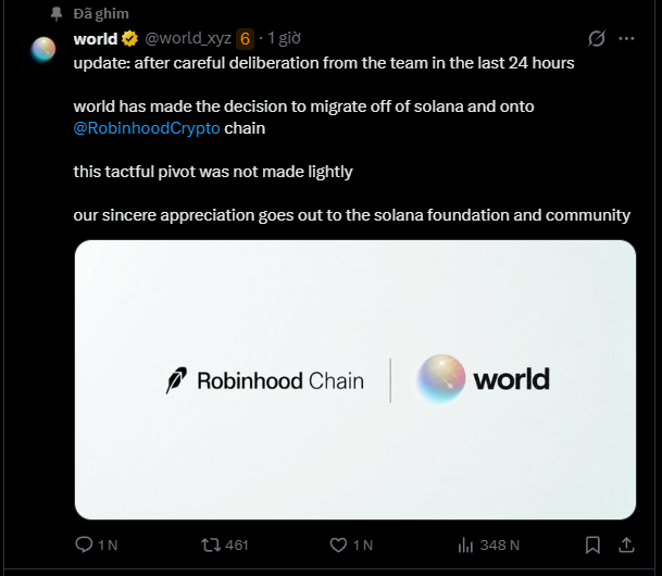 The image shows a tweet from @world_xyz announcing their decision to migrate from Solana to Robinhood Chain, thanking the Solana foundation and community. This relates to the post expressing surprise about World abandoning Solana to build on Robinhood Chain, wondering if there's a hidden collaboration or motive behind the move.