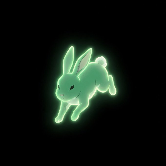 A glowing green rabbit is depicted against a black background, symbolizing the return of the "Green Rabbit" mentioned in the accompanying post. This imagery suggests the beginning of an origin story where the rabbit's reappearance marks a significant event.