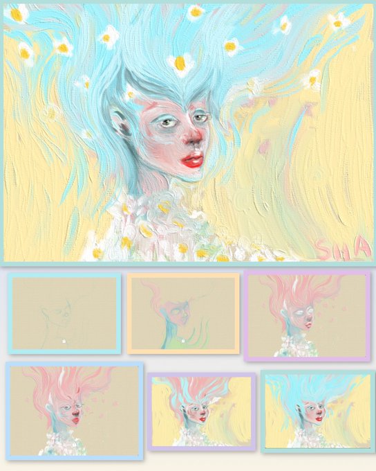 A series of painted portraits featuring figures with flowing light blue and pink hair adorned with daisies, signed 'SINA' in the bottom right of the main piece, with smaller color variations shown below.