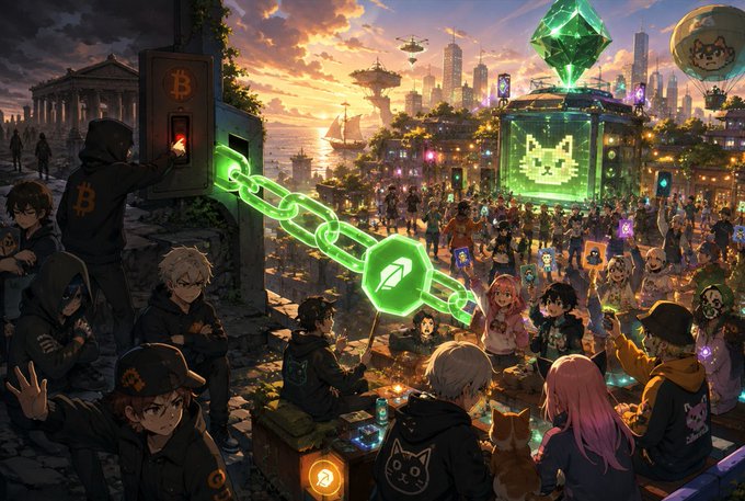 A vibrant anime-style illustration shows a diverse crowd of characters gathered in a cityscape at sunset, with a Bitcoin ATM, a glowing green chain, and a large cat hologram in the background.