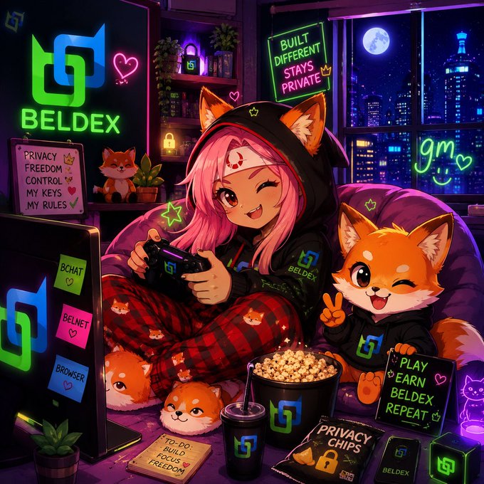 An anime-style illustration promoting 'Beldex' with a pink-haired character in fox-eared hoodie playing games, alongside a fox character, surrounded by Beldex-branded merchandise and signs reading 'PRIVACY FREEDOM CONTROL MY KEYS MY RULES' and 'BUILT DIFFERENT STAYS PRIVATE'.