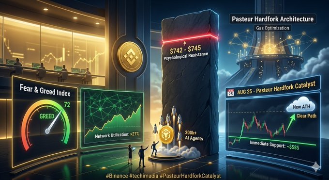A crypto/financial graphic montage showing multiple panels including 'Fear & Greed Index' at 72 GREED, 'Network Utilization +27%', '$742-$745 Psychological Resistance', '200k+ AI Agents', 'Pasteur Hardfork Architecture' with 'Gas Optimization', and a chart labeled 'AUG 25 - Pasteur Hardfork Catalyst' with hashtags #Binance #technomania #PasteurHardforkCatalyst.