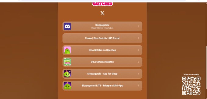 A brown webpage interface titled 'GOTCHIS' listing various links including 'Sleepagotchi - Discord Server', 'Home | Dino Gotchis UGC Portal', 'Dino Gotchis on OpenSea', 'Dino Gotchis Website', 'Sleepagotchi - App for Sleep', and 'Sleepagotchi LITE - Telegram Mini-App', with a QR code in the bottom right.