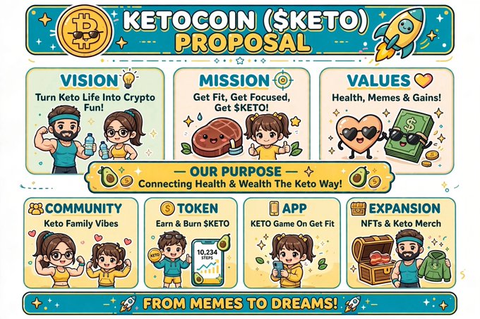 A colorful, cartoon-style infographic for "KETOCOIN ($KETO) PROPOSAL" with sections for VISION, MISSION, VALUES, COMMUNITY, TOKEN, APP, and EXPANSION, promoting "Connecting Health & Wealth The Keto Way!" and "FROM MEMES TO DREAMS!".