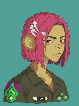 An illustrated character portrait of a person with bright pink hair adorned with bone clips, wearing a green jacket and possessing glowing pink eyes, set against a teal background.