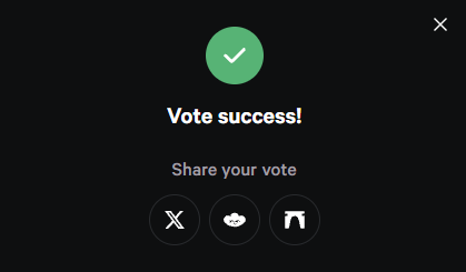 A dark screen displays a green checkmark with the text 'Vote success!' and 'Share your vote' alongside social media icons for X, Link, and another platform.