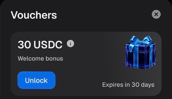 A "Vouchers" screen showing a 30 USDC welcome bonus with an "Unlock" button and a gift box icon, noting it expires in 30 days—illustrating the new user incentive offered upon signing up to the Eightlends platform before depositing funds.