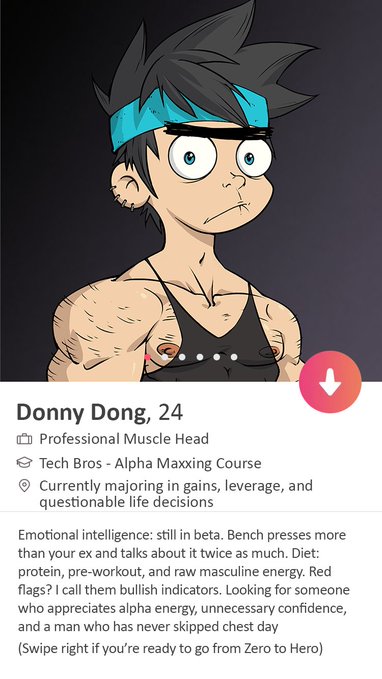 A dating app profile card for "Donny Dong, 24," labeled a "Professional Muscle Head" currently studying "Tech Bros - Alpha Maxxing Course." The illustration features an exaggerated cartoon muscular figure with a blue headband, large eyes, and a tank top, paired with a humorous bio about emotional intelligence being "in beta" and bench pressing more than his ex. The post promotes the fictional "HODL ME" dating app tied to a "Zero To Hero Academy," asking followers to decide whether to swipe left or right on Donny Dong.
