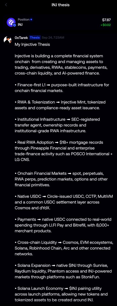 A social media post titled 'INJ thesis' by OxTarek detailing 'My Injective Thesis' and listing features of the Injective blockchain, with a price tag showing 'INJ $7.87'.