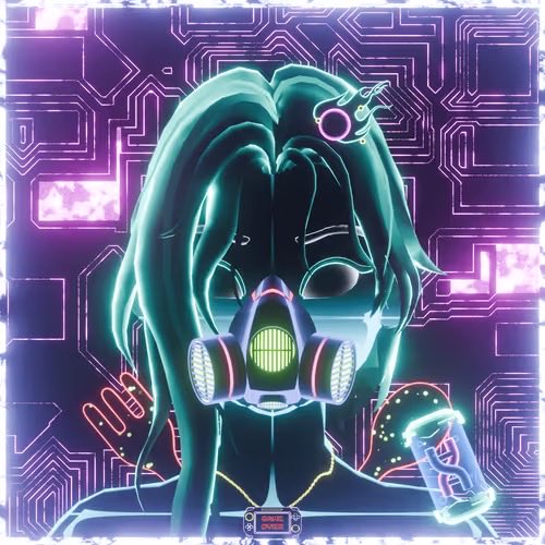 A cyberpunk-style digital illustration of a person with long teal hair wearing a glowing green and pink gas mask, set against a background of neon circuit board patterns and purple lighting.