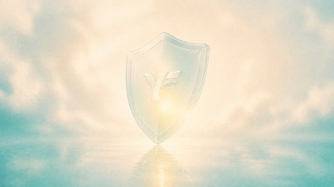 A translucent shield emblazoned with the "YF" Yieldfy logo floats above a glowing horizon, symbolizing protection and security. It visually reinforces the post's message of a newly shipped guardian circuit breaker on the Yieldfy yUSDG vault, evoking the safeguard that pauses routing and recalls lending venue positions in a single transaction.