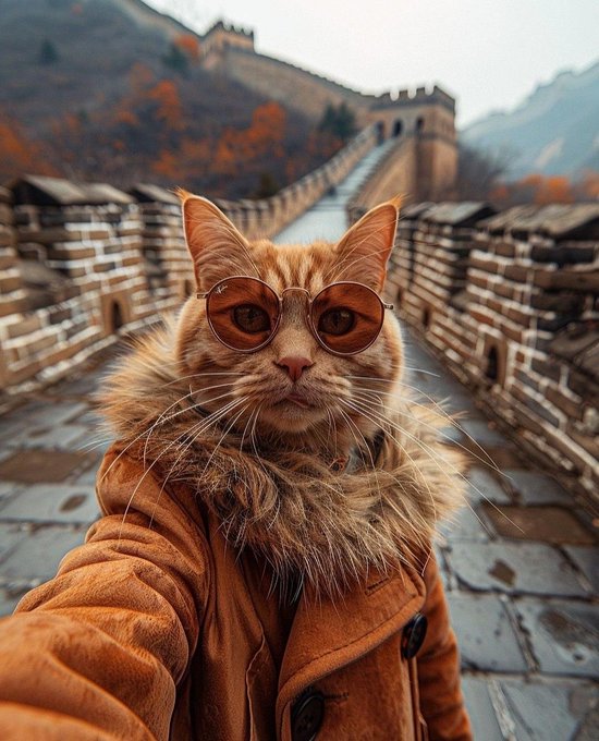 A fluffy orange cat wearing round sunglasses and a brown coat takes a selfie on the Great Wall of China.