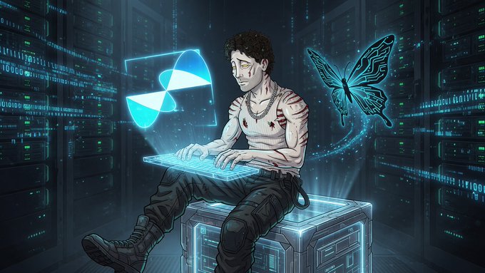A person sits hunched over a glowing holographic keyboard in a server room, typing while a radiation trefoil symbol and a glowing butterfly hologram hover nearby, visually evoking the themes of quantum computing, encrypted data, and transformation. The image ties to the post by illustrating Quip Network's quantum-ready security work and the idea of "harvest now, decrypt later" threats facing blockchain testnets.
